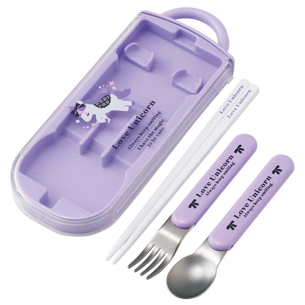 Skater Bento Trio Set and Fork Love Unicorn Made In Japan (TACC2AG-A) - Chopsticks, Spoon, - Design, Kids', Antibacterial, Easy-Opening, Slide-Open