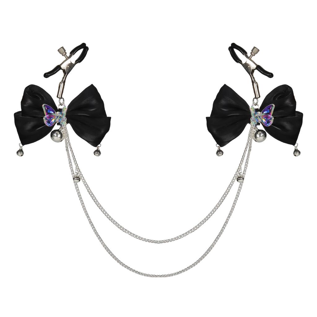 Sexy Aurora Bowknot BDSM Set Non-Piercing Nipple Clamps with Butt Plug Long Chain Dangle Bell Heart Adult Roleplay Lingerie Jewe