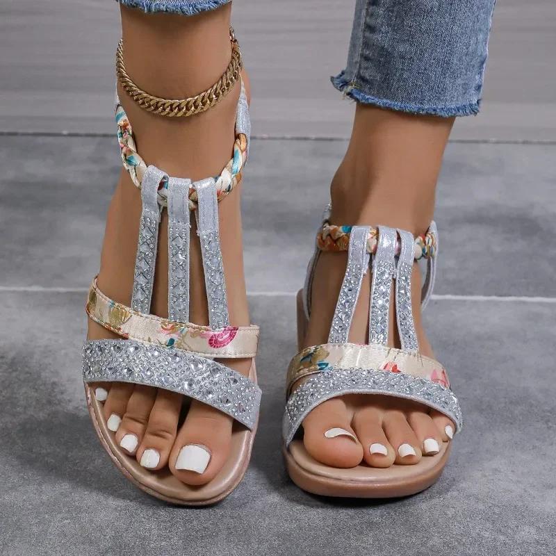 Fashion Shoes for Women 2024 Plus Size Women's Sandals Summer Casual Sandals Women Crystal Mixed Colors Elastic Band Wedge Shoes Ladies
