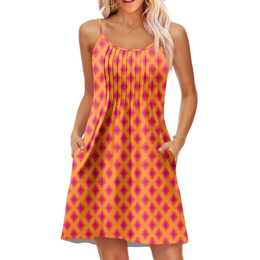 Fashion Women Summer Dress Vintage Floral Print Adjustable Spaghetti Straps Beach Vacation Casual Dress With Pockets