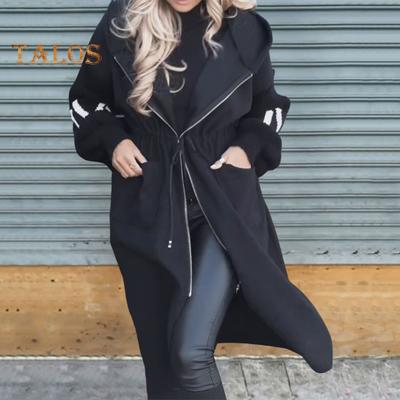 Women Winter Coat with Hood And Side Pockets Patchwork Knitted Sleeves Outerwear Letter Pattern Loose Mid Length Drawstring Waist Solid Color Overcoat