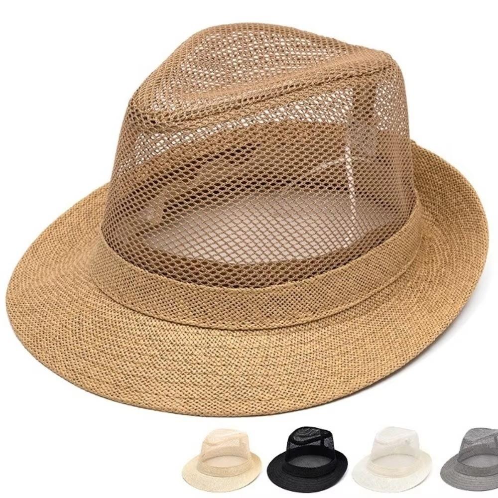 Διαπνέον Πλεκτό Ψάθινο Καπέλο Ελαφρύ Καπέλο Παραλίας Jazz με Υφή Λιναριού Κοίλο Καπέλο Ηλίου για Υπαίθριες Δραστηριότητες