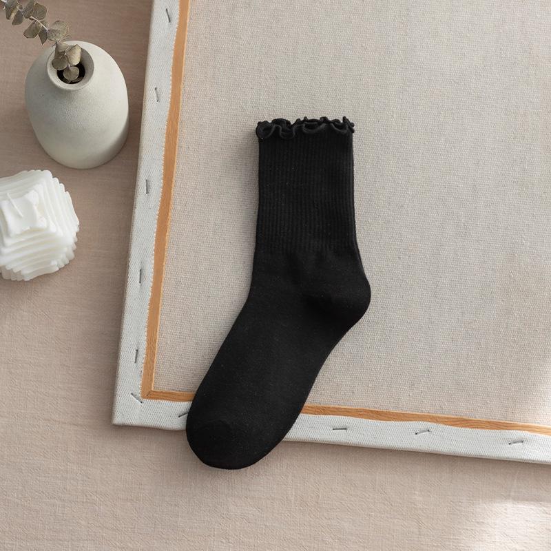 Women's Pure Cotton Ruffled Edge Mid-Tube Socks - Black Lace, Japanese Style for All Seasons