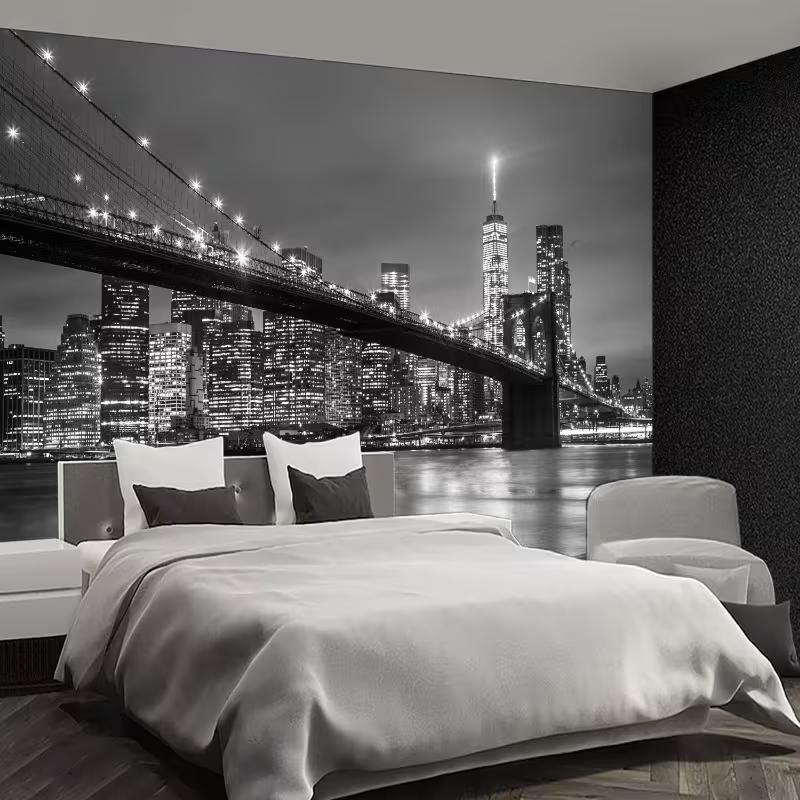 New York City Skyline Tapestry, Brooklyn Bridge Night View Backdrop for Living Room Decor