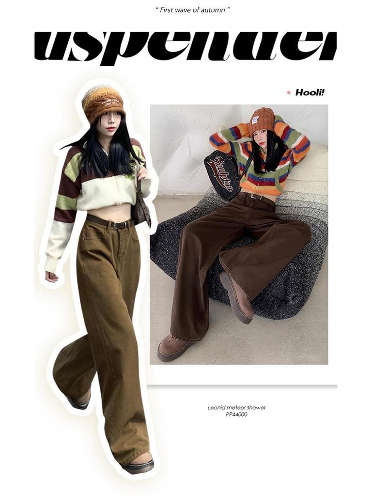 Maillard Women's Retro Brown Wide-Leg High-Waist Jeans, Plus Size, Floor-Length, Spring/Autumn 2025