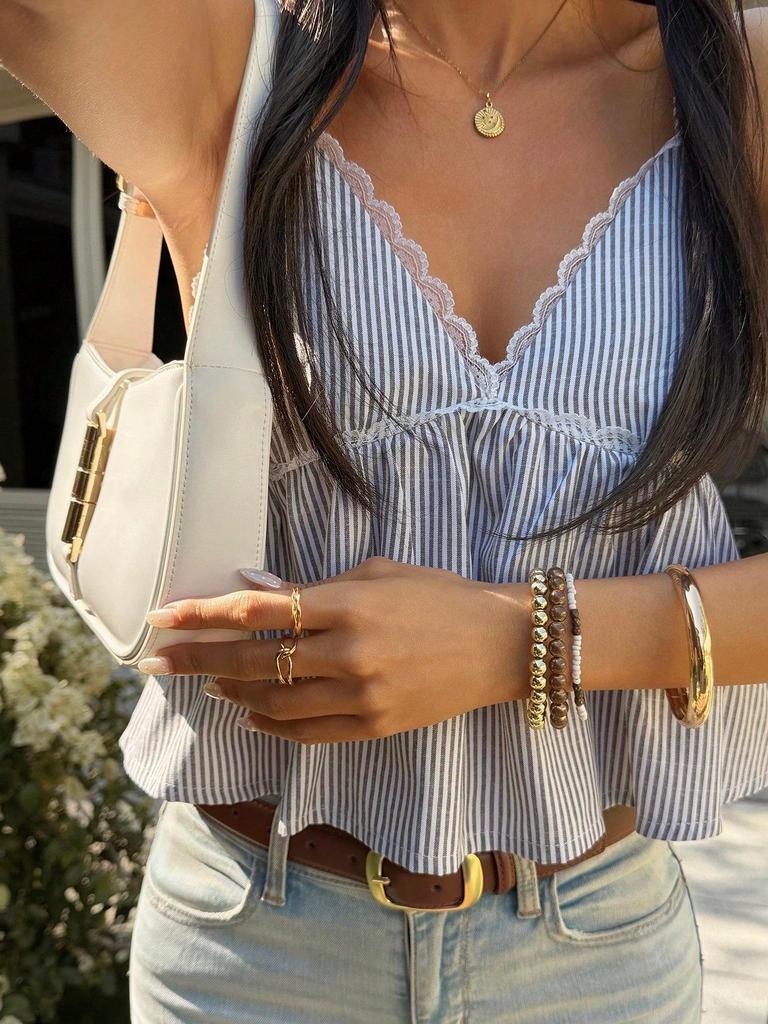 Y2K Spicy Girl Lace Stripe Camisole Sleeveless Vest