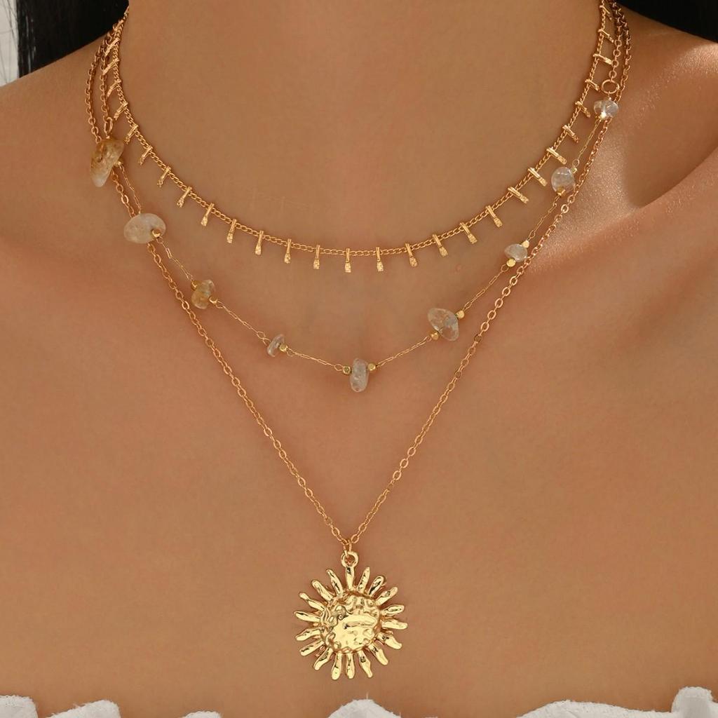 Elegant Sun Pendant Necklace - Layered Handmade Gravel Chain Style