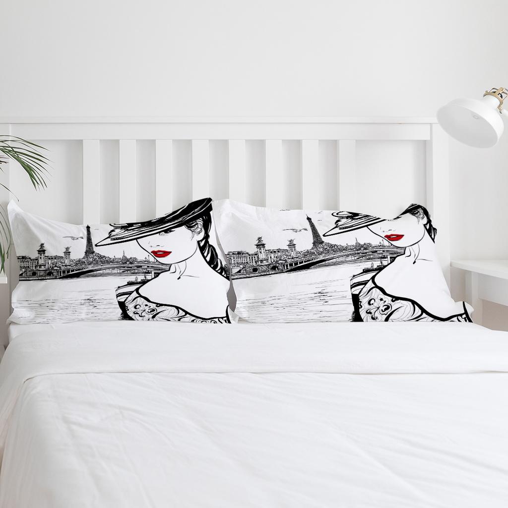 Bettwäsche-Set „Paris Seine Woman Eiffel Tower Red Lips“, 3-teilig, bestehend aus Bettbezug, Kissenbezug und Bettüberzug, Doppelbett-Set, Heimtextilien