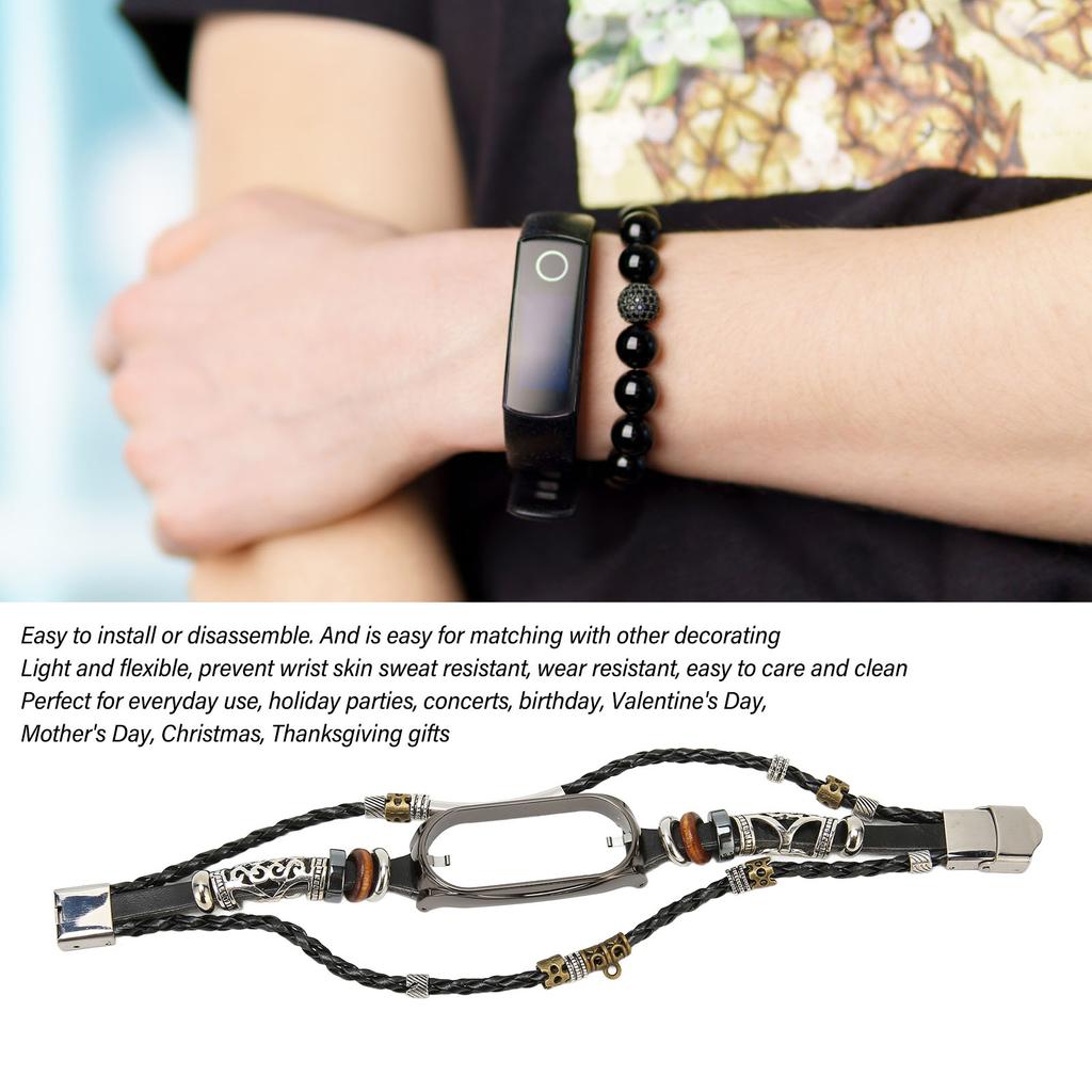 For Xiaomi Mi Band 7 Leather Strap Metal Snap Retro DIY Smart Watch Band Replacement Bracelet Black and Black
