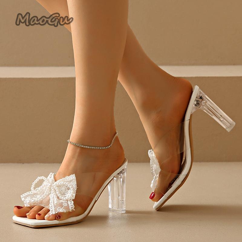 Fashion Lace Pearl Bowknot High Heel Slippers for Women Summer Square Toe Transparent Heeled Pvc Sandals Woman Fashion Party Dress Shoes