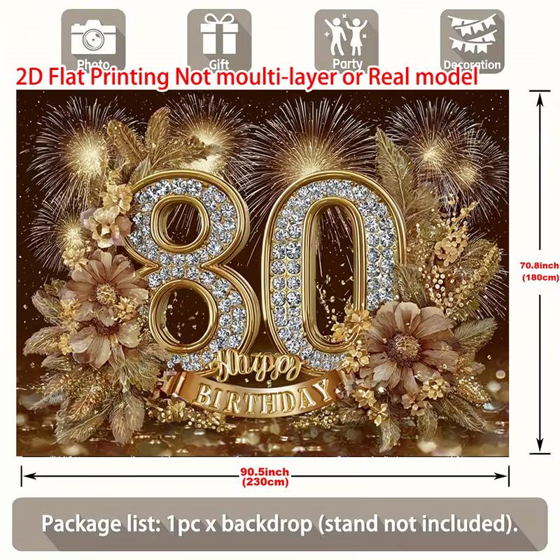 2D Happy 80th Birthday Gold Floral Fireworks Background Cloth 80th Birthday Party Decoration