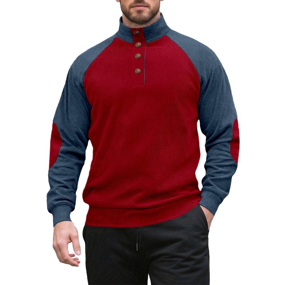 New Men's Long-Sleeved Stand-Up Collar Outdoor Sweatshirt Corduroy Button-Front Casual Sports Henley Top
