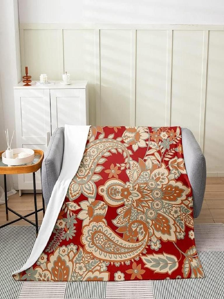 Paisley Fuzzy Throw Blanket Bohemian Exotic Style Flannel Fleece All Season Bed Blanket for Sofa Couch Room Indian Style Red Yel
