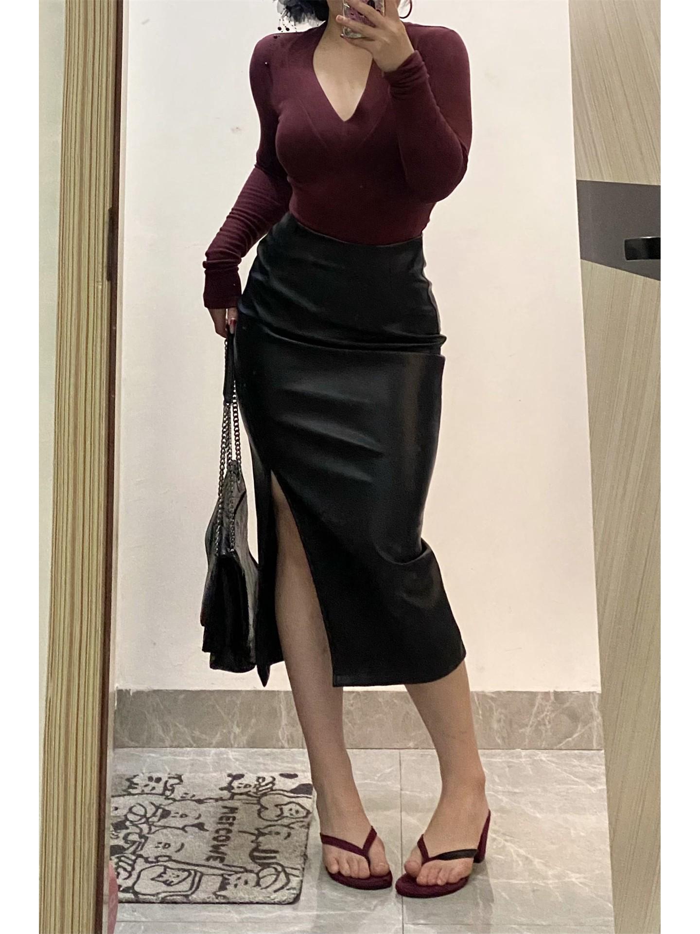 

Mid-length A-line leather pencil skirt: new spring/autumn style, high-waisted, pleated, plus-size, slim-fitting, with slit and hip-hugging design. L чёрный