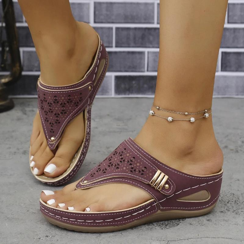 Mode Damen Sandalen Neu Leder Rutschfest Weiche Plateau Schuhe für Damen Flip Flops Sommer Keil Orthopädische Sandalen Sandalias De Mujer
