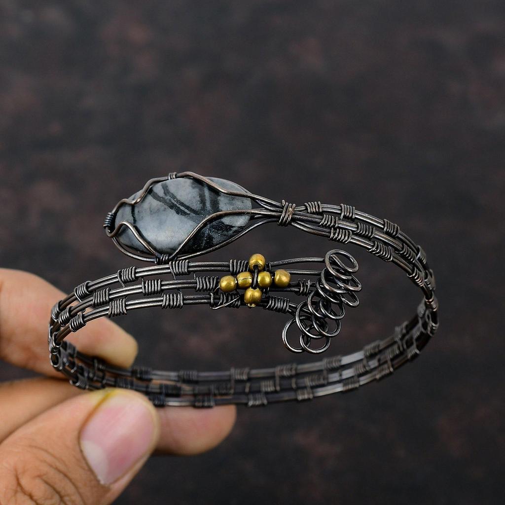 Picasso Jasper Gemstone Bangle Copper Wire Wrapped Bangle Adjustable Cuff Bracelet Handmade Bangle Copper Wire Wrap Jewelry Engagement Gift