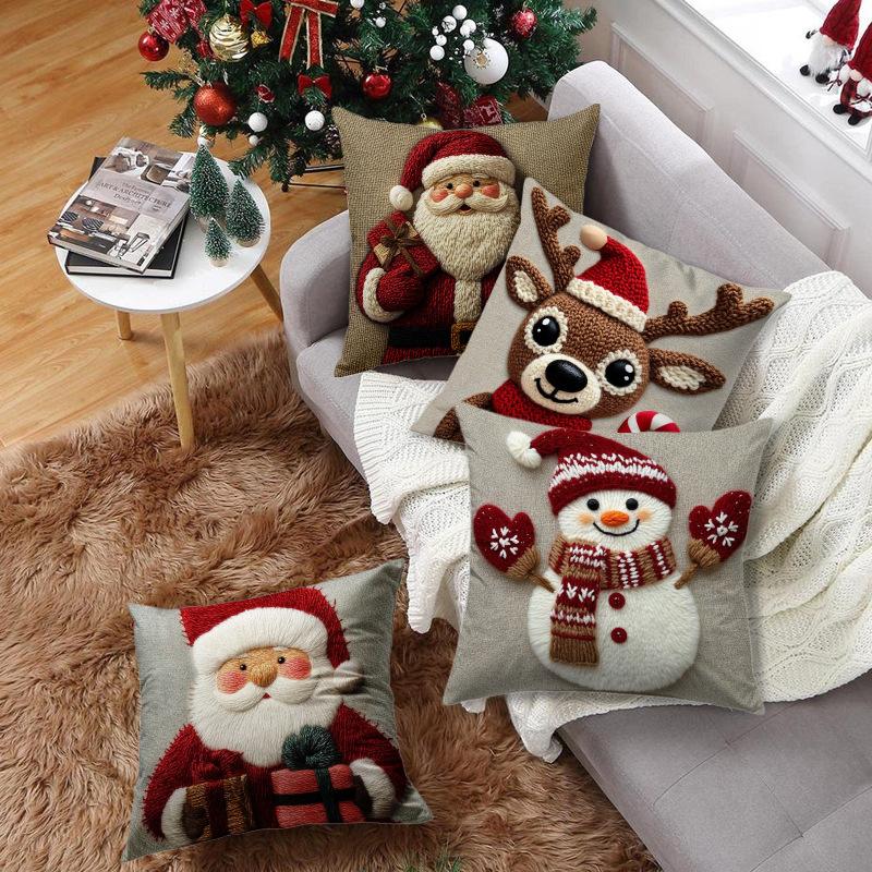 Christmas Pillow Cover - Festive Cartoon Linen Cushion Covers for Sofa Decor Pillowcase Xmas Cushion Cover Gift  ( No Pillow Core )