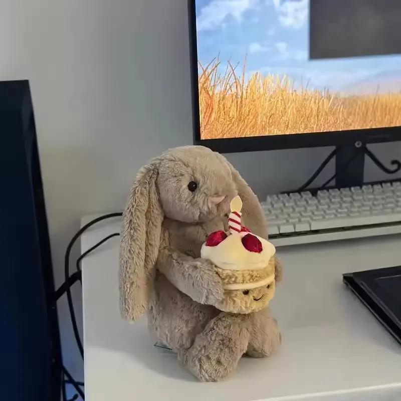 New For Jelly 31cm Shy Bonnie Rabbit Holding A Birthday Cake Plush Doll Accompanying Cats, Dogs And Pets Holiday Gift.