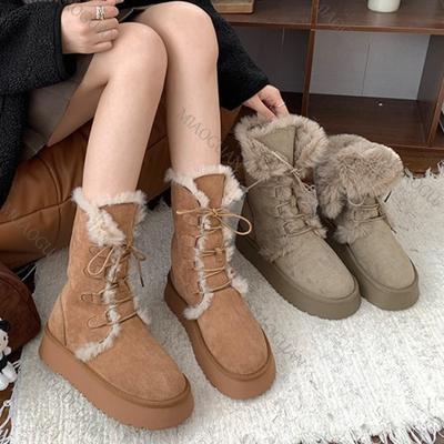 Pelz Schneestiefel Damen Herbst Winter Schuhe Neu Dicke Sohle Fell Warm Gefüttert Kurze Stiefel Schnürung Einfarbig Lässig Plüsch Knöchelstiefel
