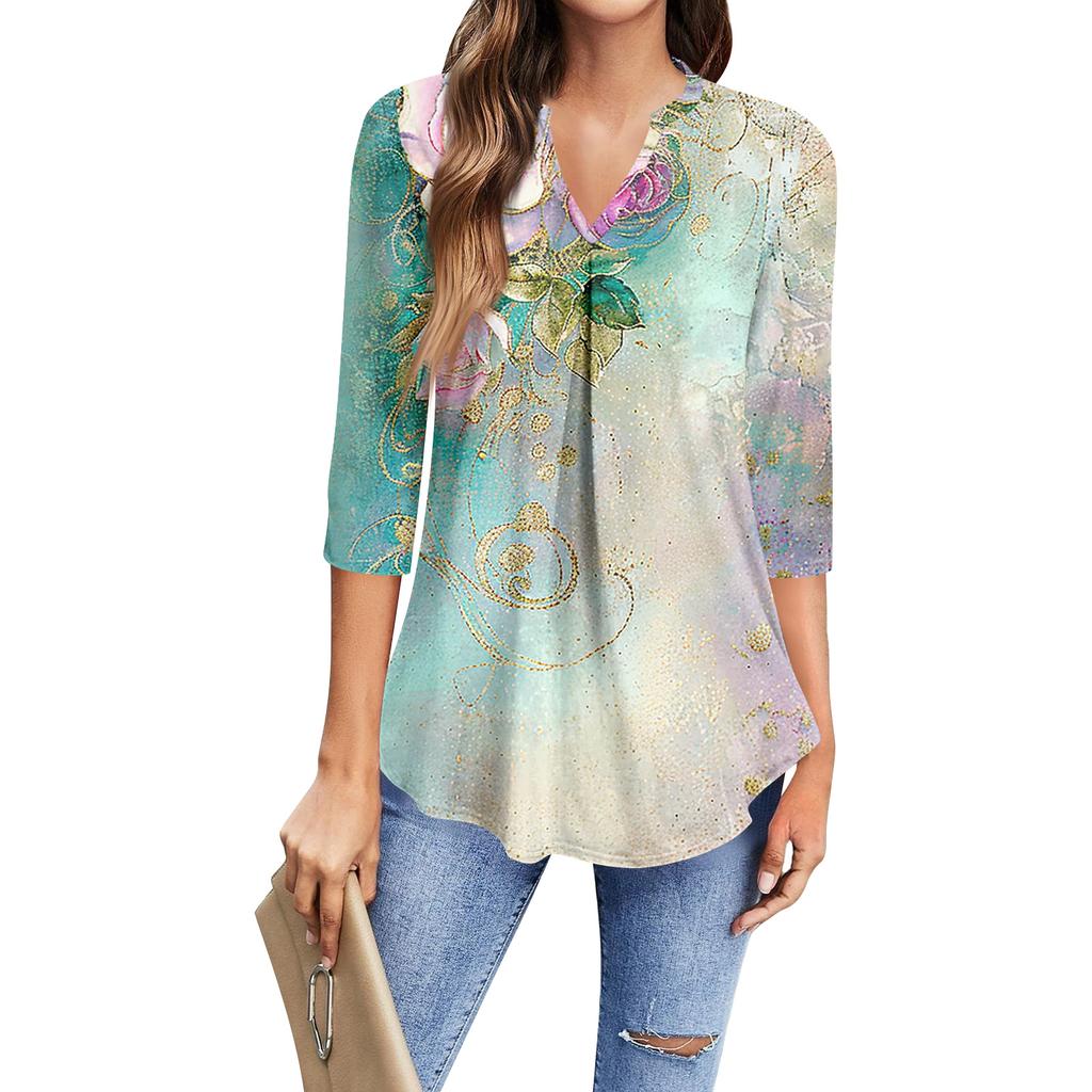 T-shirt Casual da Donna alla Moda a Manica a Tre Quarti con Stampa e Scollo a V
