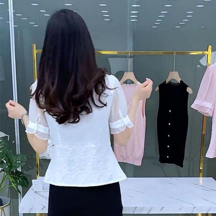 Floral Jacquard Chiffon Shirt Women Summer Short Sleeve Loose Fit Casual Tops Small Size Trendy Blouse