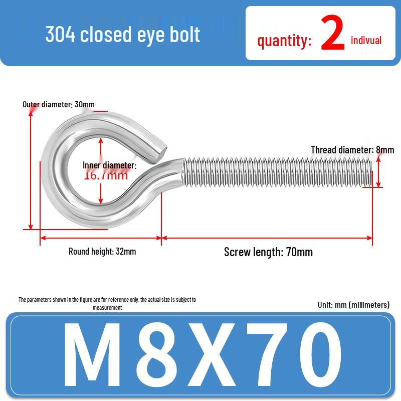 304 Stainless Steel Eyebolt with Ring Hook – Machine Thread Closed Eye Bolt (M4 M5 M6 M8)