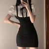 Falska 2 st Klänningar Kvinnor Puffärm Preppy Stil Hotsweet Fodral Mini Koreansk Version Chic Temperament Åldersreducerande Vintage Ins