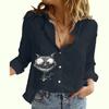 Women Fashion Buttoned Long Sleeve Shirt Ladies Casual Thin Cotton Linen Top Cat Print Long Sleeved Blouse