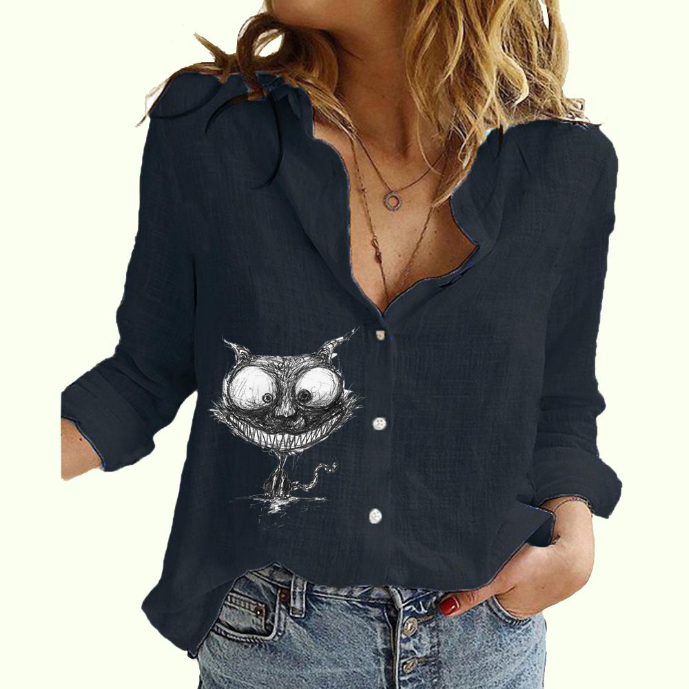 Women Fashion Buttoned Long Sleeve Shirt Ladies Casual Thin Cotton Linen Top Cat Print Long Sleeved Blouse
