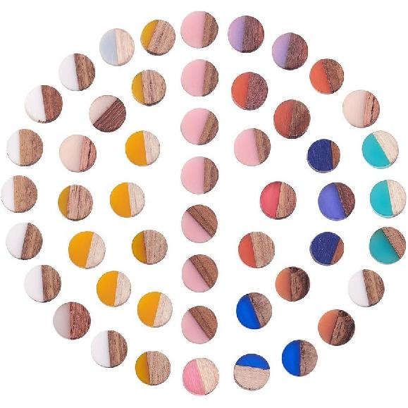 LiQunSweet 50 Pcs Handmade Mixed Random Color Vintage Natural Wood with Resin Cabochon Charm Bead Without Hole Round Shape for Necklace Earring