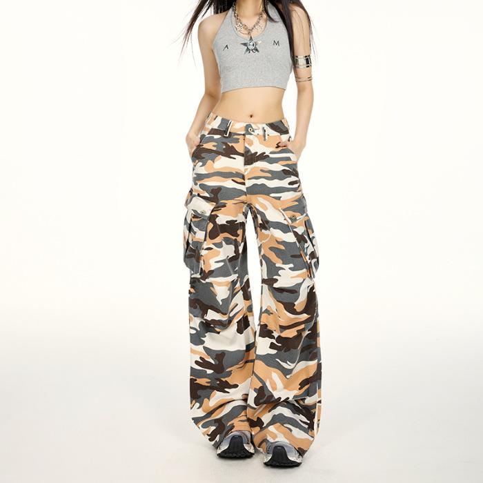 American camouflage overalls loose casual slightly wide-leg trousers fashionable personality Spice Girl jeans
