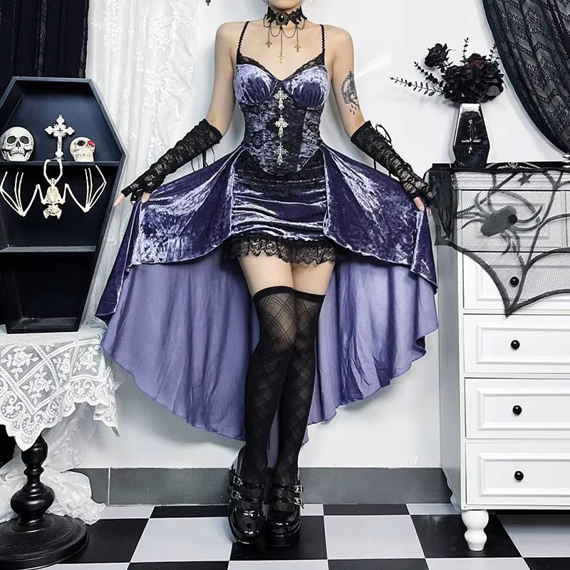 Gothic Goth Dark Victoria Velvet A-line Dress Female Elegant Lolita Partywear Grunge Sling Lace Hem Cloth