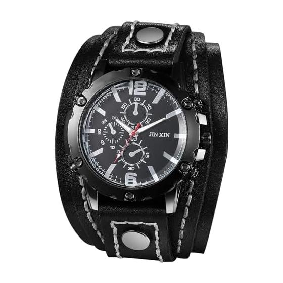 Men s Rock Punk Watch Bracelet Leather Belt: Analog Waterproof Genuine Leather Belt Wide Stylish Quartz Watch Men s Fashion Accessory - Birthday