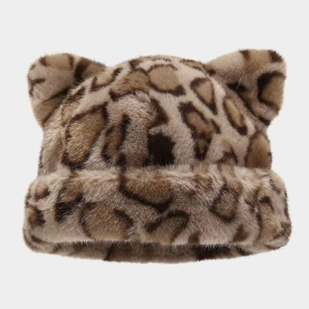 Soft Plush Bear Hat Imitation Mink Fur Pullover Cap Personality Leopard Ear Beanie  Girls