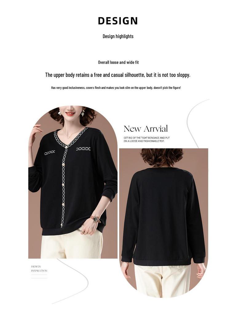 Damen Langarm T-Shirt aus reiner Baumwolle in Übergröße für Frühling & Herbst - Schlankmachend, modisch, lockere Passform für Mütter mittleren Alters