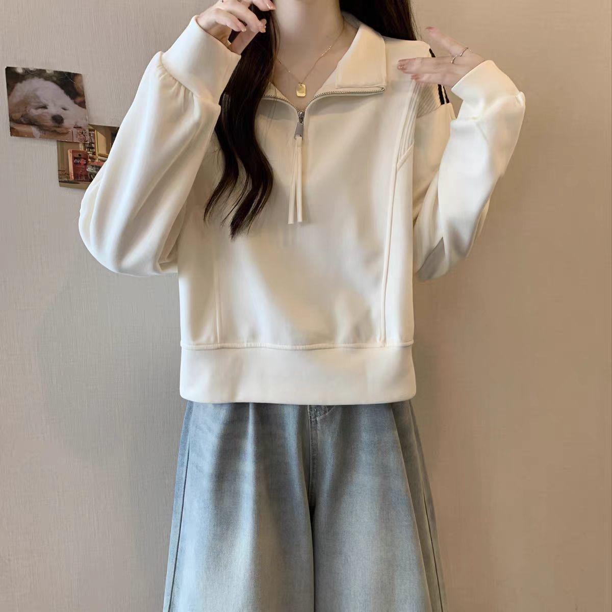 

Women s Slimming White Color Block Half-Zip Sweatshirt with Micro Collar and Straight Shoulder, Plus Size, for Autumn/Winter S (Recommended 65-90 lbs)