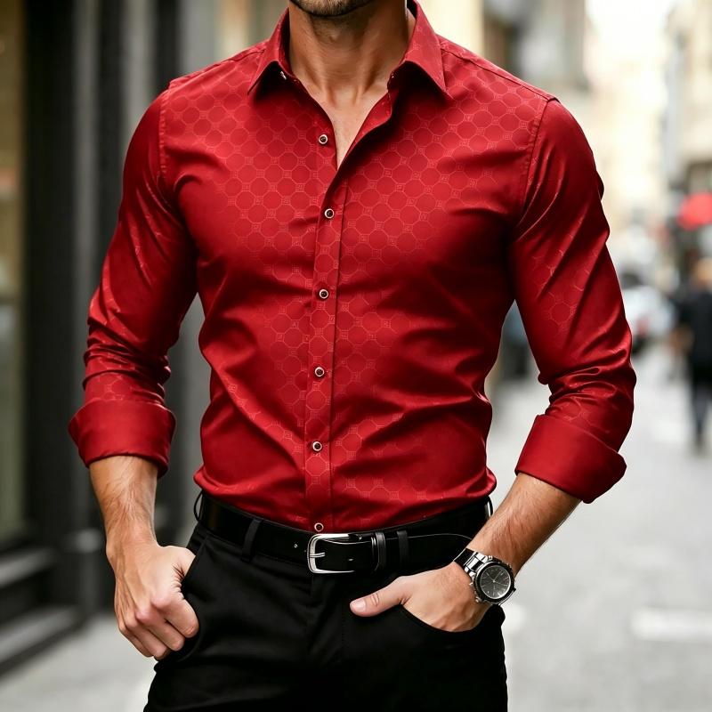 Men's Shirt Wine Red Dark Patterned Long Sleeved Shirt Fashionable Design Slim Fit Business Wedding Casual Long Sleeved Cardigan