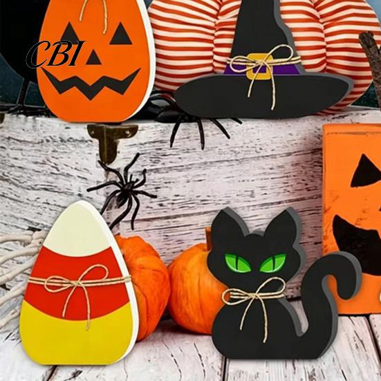 Tiered Tray Halloween Set 6Pcs Decor, Ghost Black Cat Mummy Figurines, Pumpkin Witch Decorations Hat Bat Wooden Ornaments for Shelf Table, Party