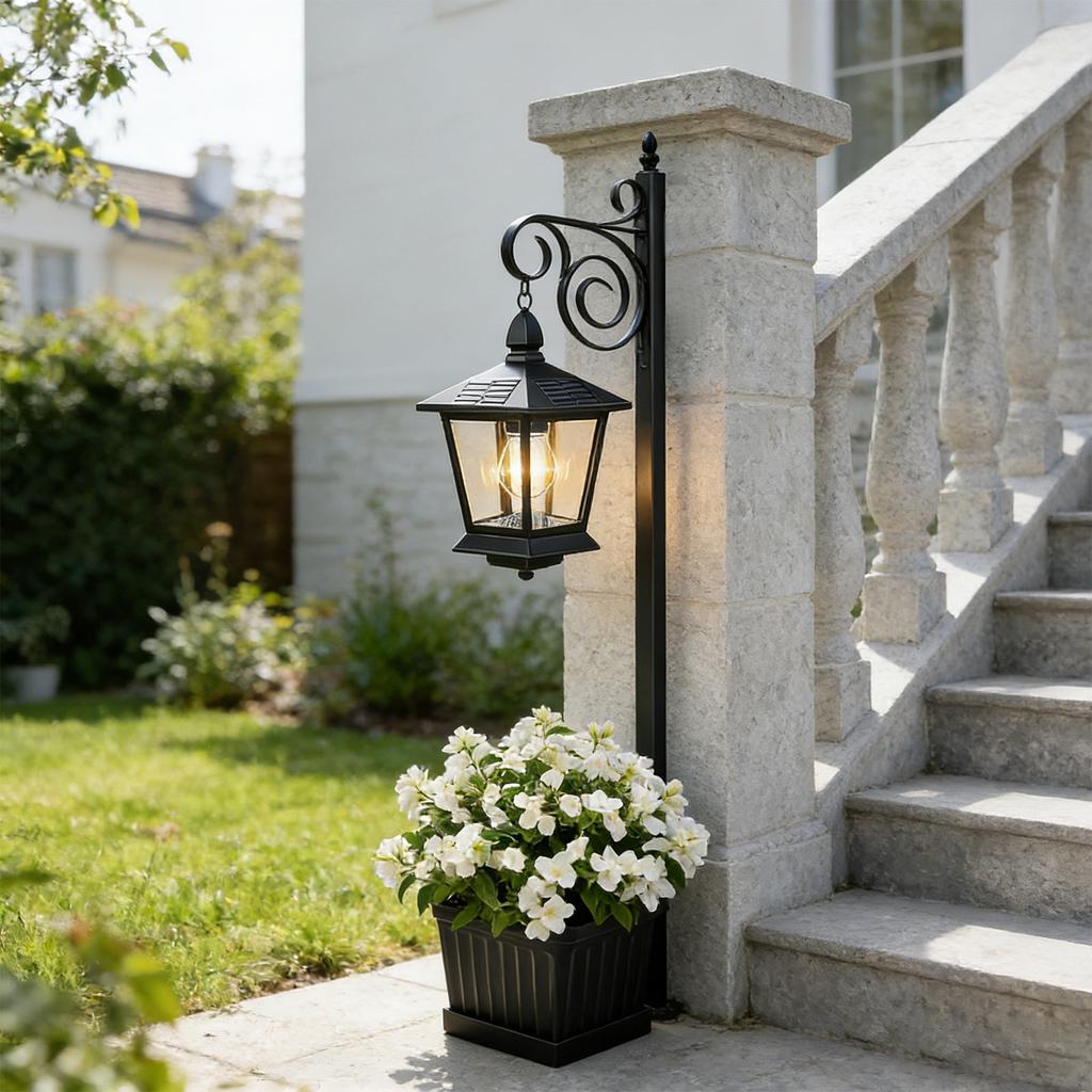 2 In 1 Outdoor Solar Lamp Post Light With Flower Planter, IP54 Metal Street Light Freestanding & Wall Mount Decorative Planter Lamp For Front Door