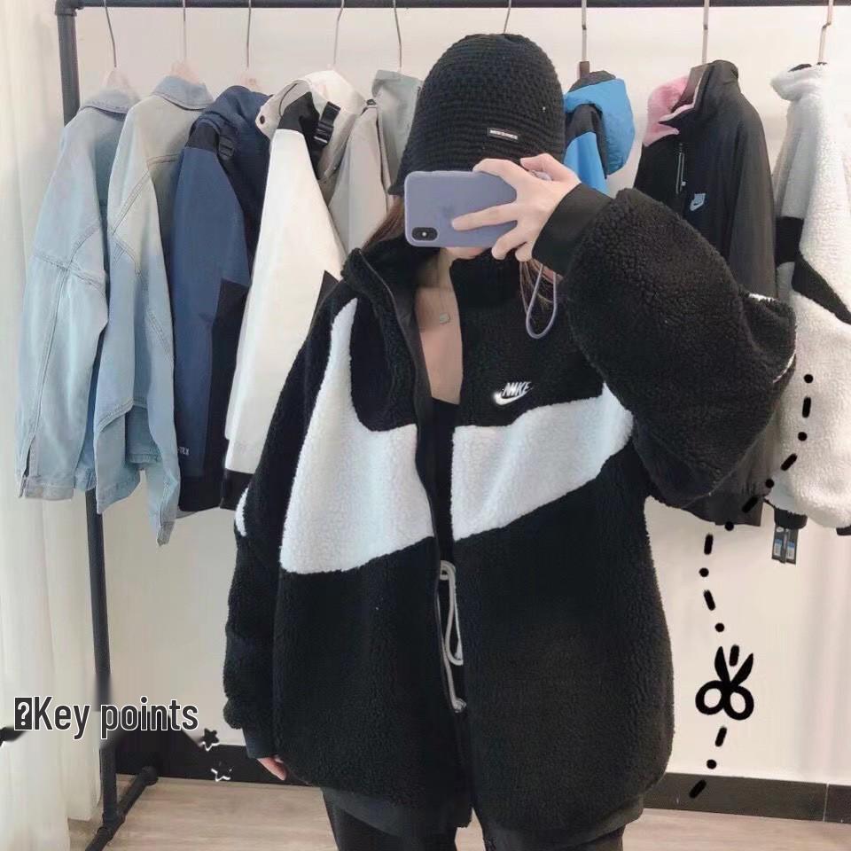 

Winter 2025 Unisex Stand-Collar Lambswool Fleece Jacket with Big Logo XXL чёрный/белый