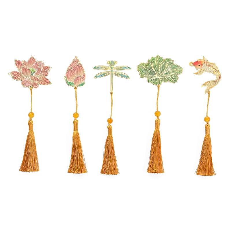 5 Pcs Chinese Style Bookmarks Page Markers Reading Bookmarkers Leaf Shape Bookmarks Metal Bookmarks with Tassels
