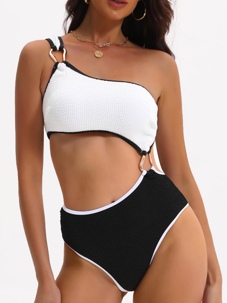 Color-matching Hollow-out One Shoulder Sexy Swimsuit Bikini