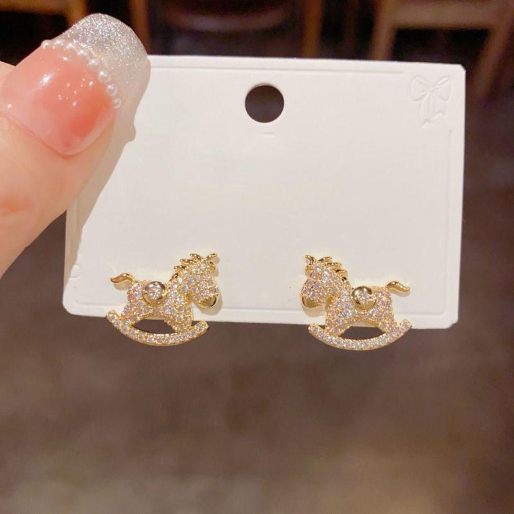 Chinese Style Crystal Zodiac Pony Earrings Cartoon New Year Ear Studs  New Year Gift