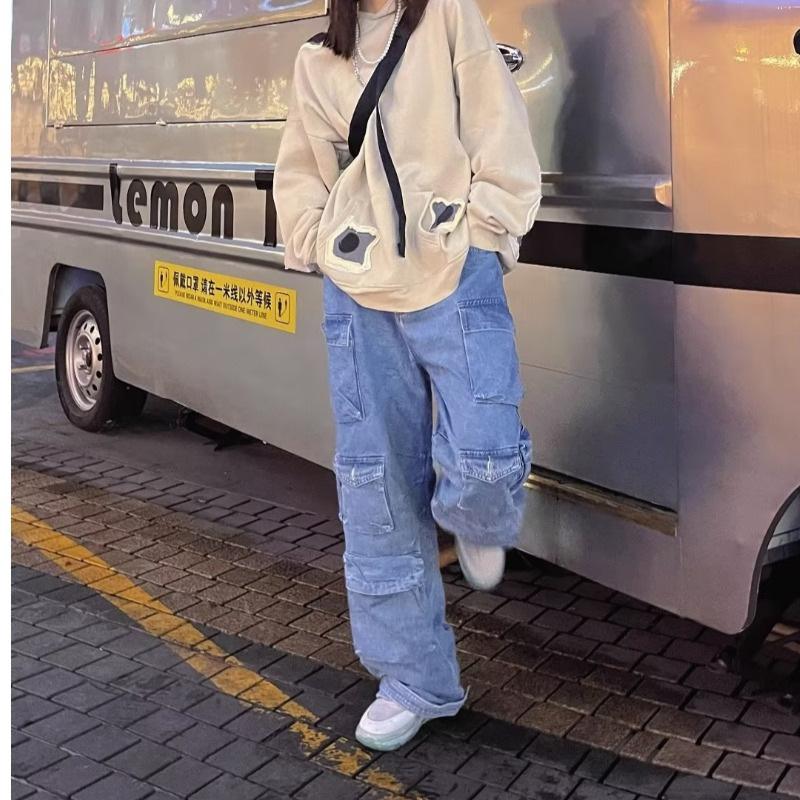 Design Sense Niche Workwear Jeans for Women Retro Drawstring Multi-pocket Straight Loose Casual Trousers