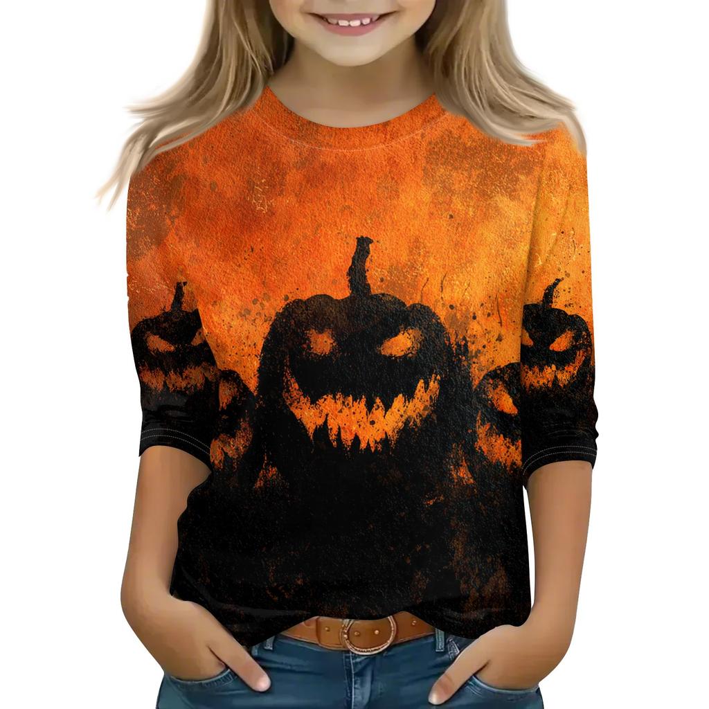 Print Tops For Youth Girls 5-16 Years Round Neck 3/4 Sleeves T-Shirts Trendy Tops Outfit Tees
