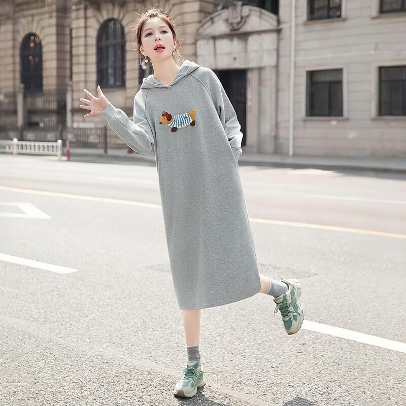 Sibaishe Women's Cartoon Embroidered Hooded Sweatshirt Dress