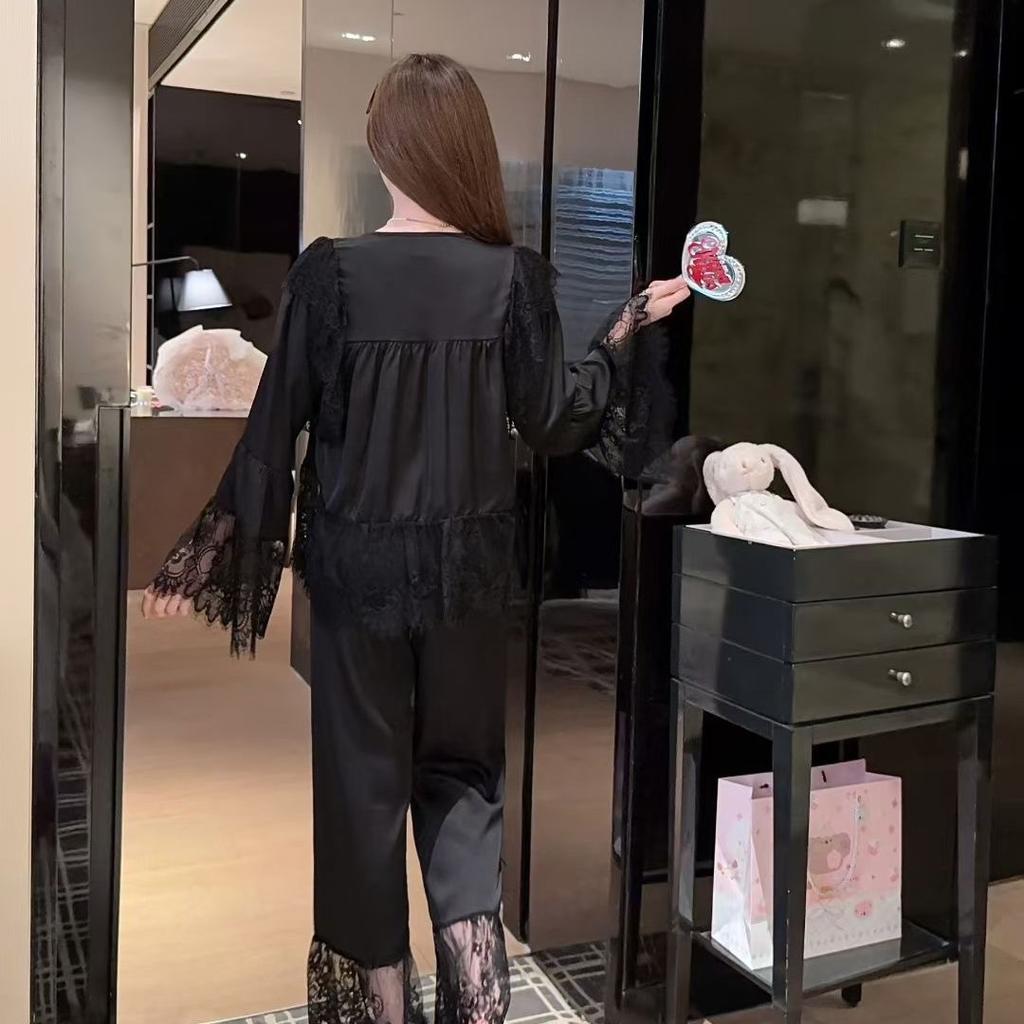 Court French Style Lace Pajamas Women's Long-sleeved Trousers Flared Sleeves Ice Silk Fairy Spring Satin Loungewear Set