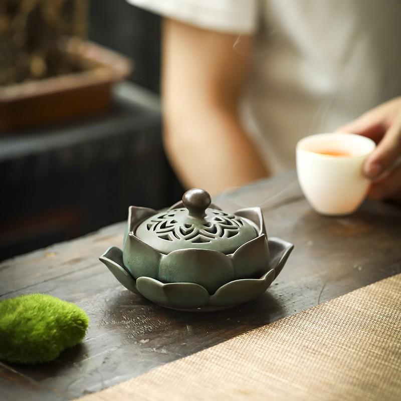 Zen Lotus Ceramic Incense Burner - Antique Sandalwood Coil for Indoor Use