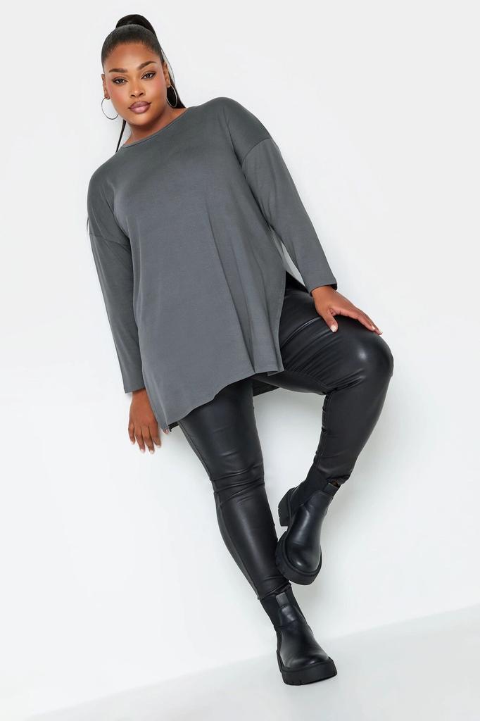 Women's Big Size Blouse Plus Size Crew Neck Slit Detailed Long Sleeve Oversize Blouse 321293