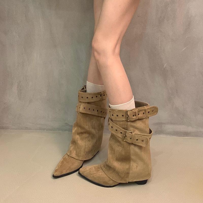 Retro Pointed Belt Buckle Short Boots Women's 2025 Autumn and Winter New Thin Babes But Knee-length Knight Boots